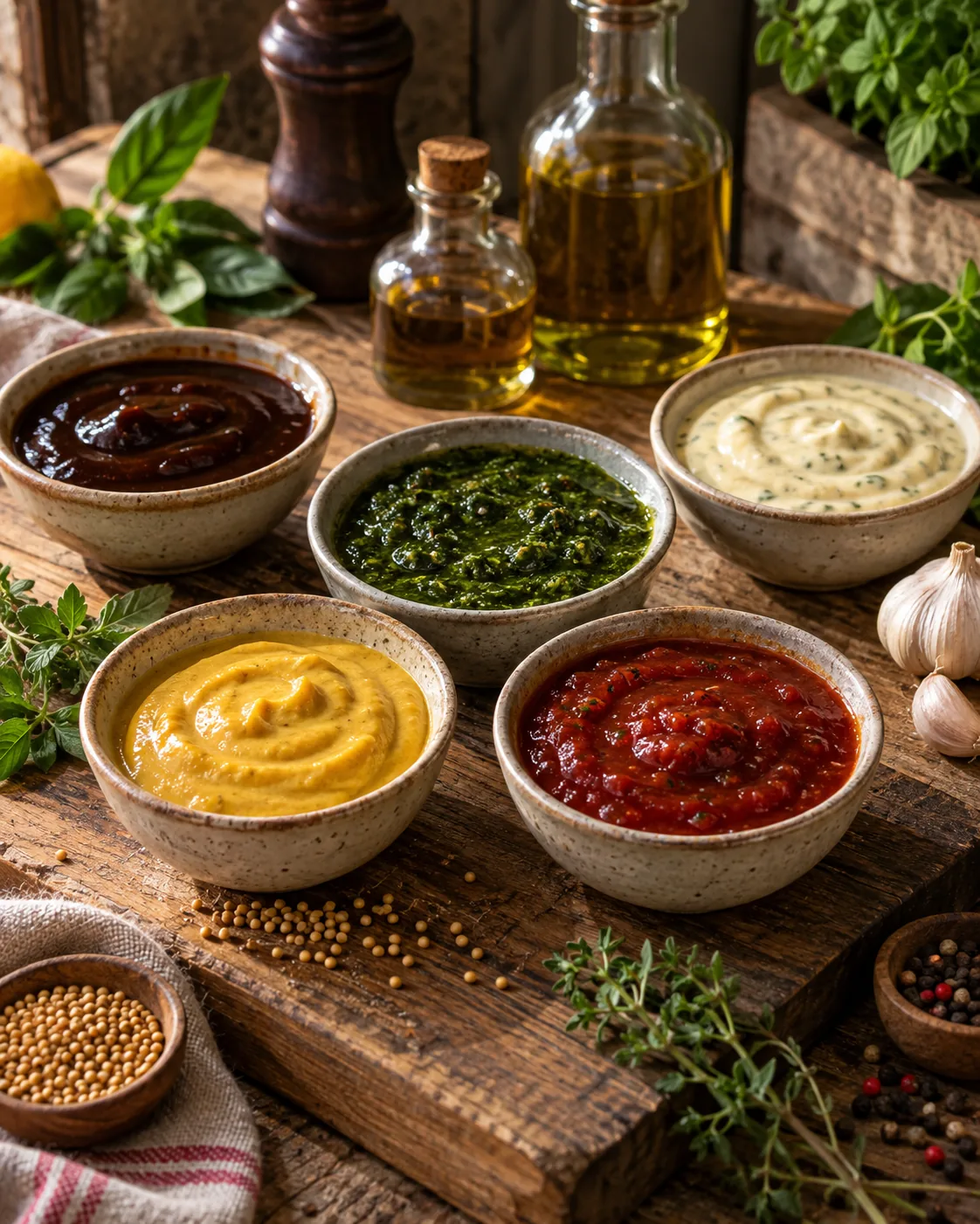 Cinco molhos artesanais distintos com ingredientes naturais sobre madeira